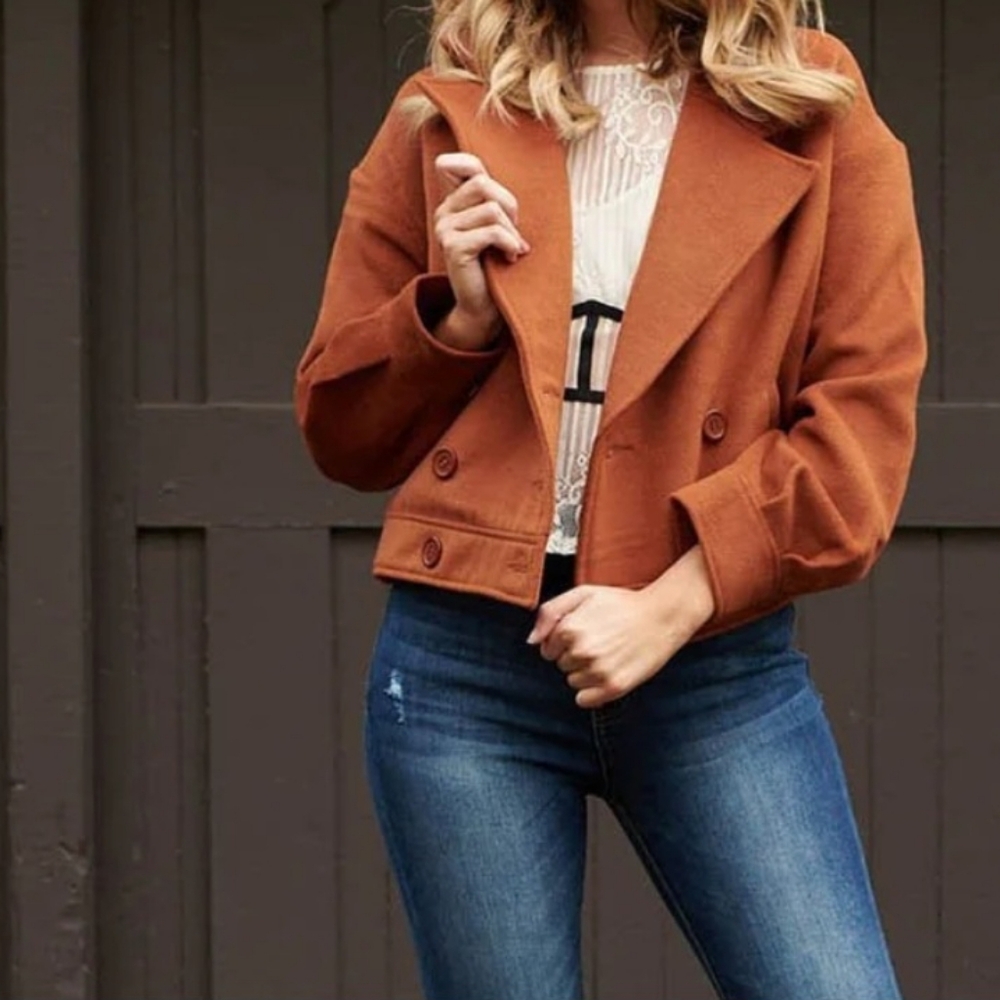 Wild Honey Burnt Orange Double Button Cropped Puffed Sleeve Jacket Sz L EUC